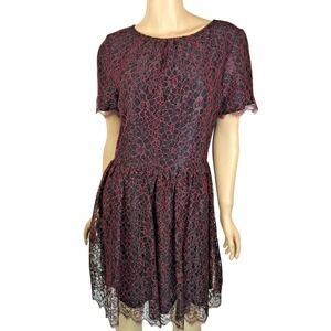 Satine Fit & Flare Lace Dress Sz M Black & Red Short Sleeve Round Neck MSRP $850